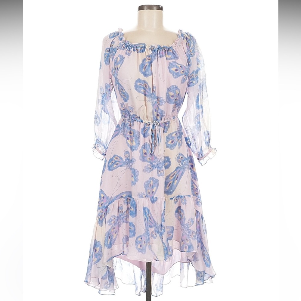Diane Von Furstenberg Lilac Sheer Butterfly Print Long-Sleeve Midi Dress